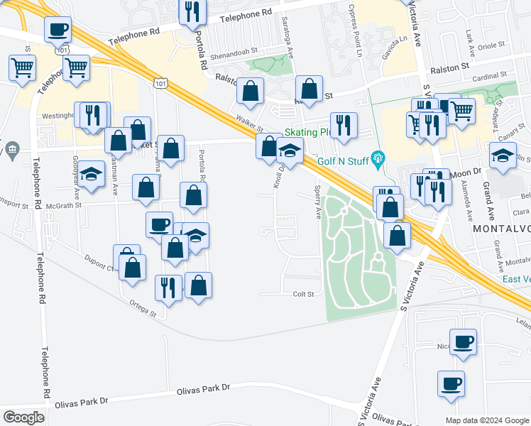 map of restaurants, bars, coffee shops, grocery stores, and more near 2075 Knoll Drive in Ventura