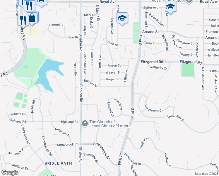 map of restaurants, bars, coffee shops, grocery stores, and more near 720 Bennett Street in Simi Valley