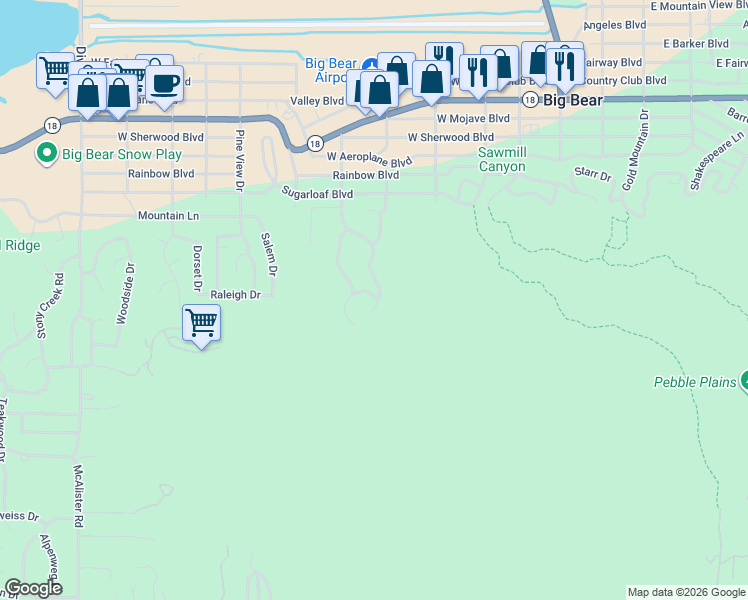 map of restaurants, bars, coffee shops, grocery stores, and more near 455 Tanglewood Drive in Big Bear