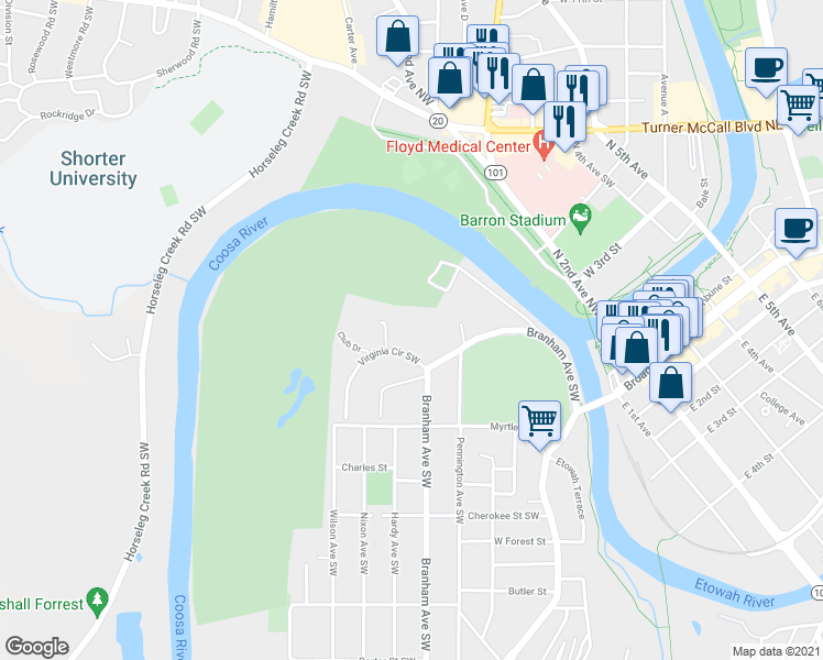 map of restaurants, bars, coffee shops, grocery stores, and more near 2 Virginia Circle Southwest in Rome