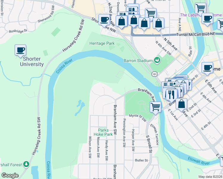 map of restaurants, bars, coffee shops, grocery stores, and more near 2 Virginia Circle Southwest in Rome