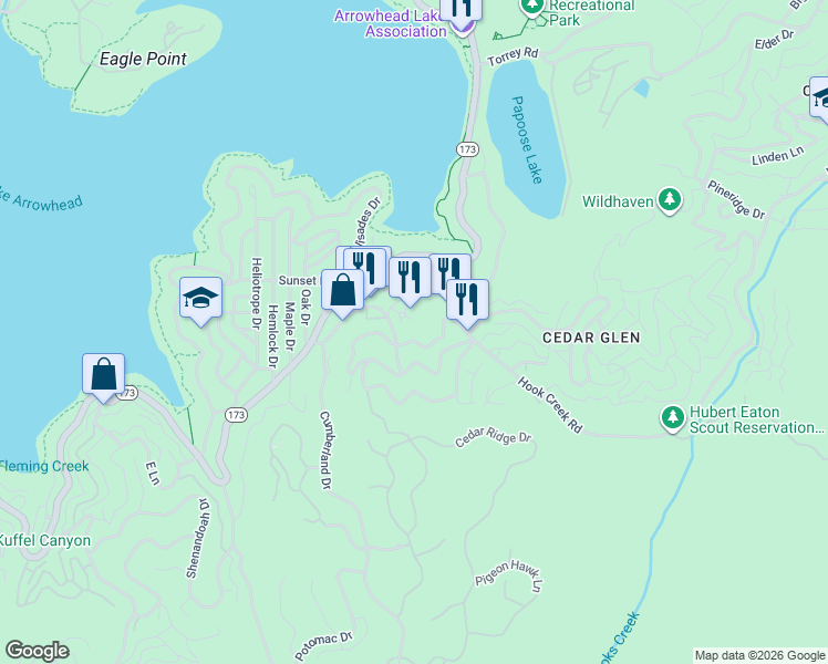 map of restaurants, bars, coffee shops, grocery stores, and more near 29028 Hook Creek Road in Lake Arrowhead