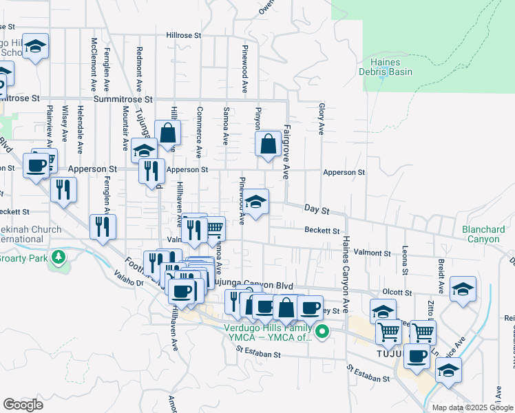 map of restaurants, bars, coffee shops, grocery stores, and more near 7053 Sunnycrest Trail in Los Angeles