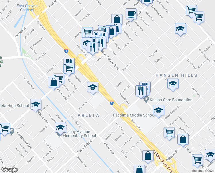 map of restaurants, bars, coffee shops, grocery stores, and more near 13718 Pierce Street in Los Angeles