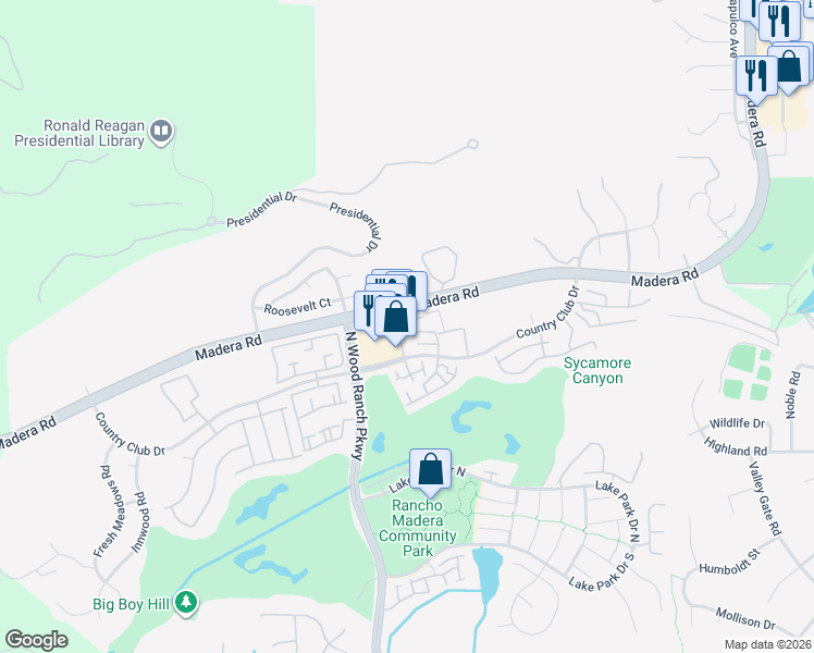 map of restaurants, bars, coffee shops, grocery stores, and more near 525 Country Club Drive in Simi Valley