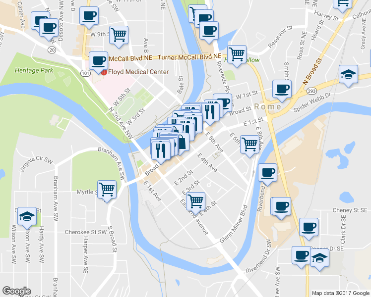 map of restaurants, bars, coffee shops, grocery stores, and more near 330 Broad Street in Rome