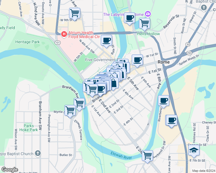 map of restaurants, bars, coffee shops, grocery stores, and more near 303 Broad Street in Rome