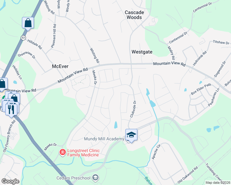 map of restaurants, bars, coffee shops, grocery stores, and more near 4513 Sweet Water Drive in Gainesville