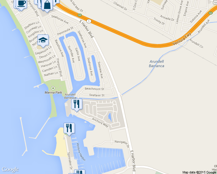 map of restaurants, bars, coffee shops, grocery stores, and more near 1225 Beachmont St in Ventura