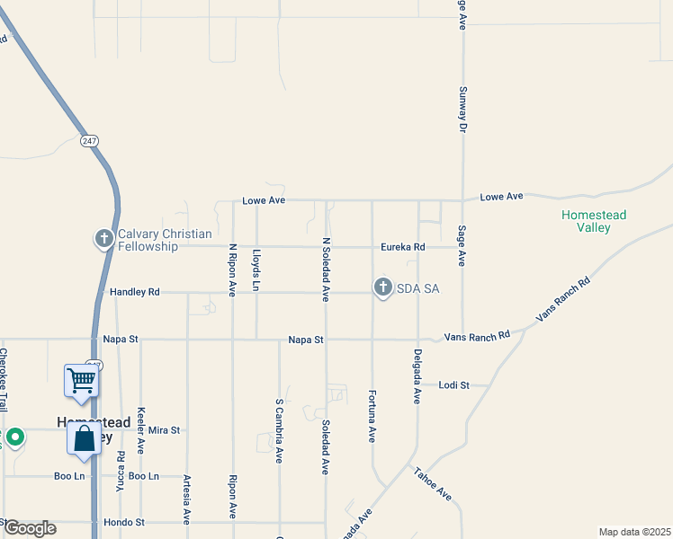 map of restaurants, bars, coffee shops, grocery stores, and more near 56622 Handley Road in Yucca Valley