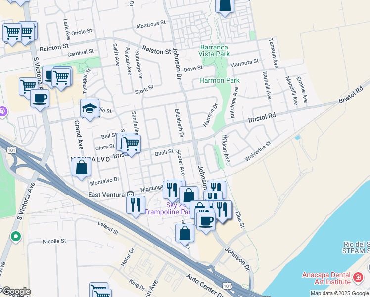 map of restaurants, bars, coffee shops, grocery stores, and more near 2337 Woodpecker Avenue in Ventura