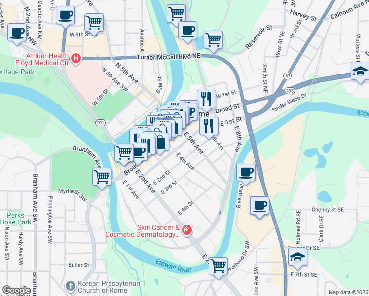 map of restaurants, bars, coffee shops, grocery stores, and more near 406 East 1st Street in Rome