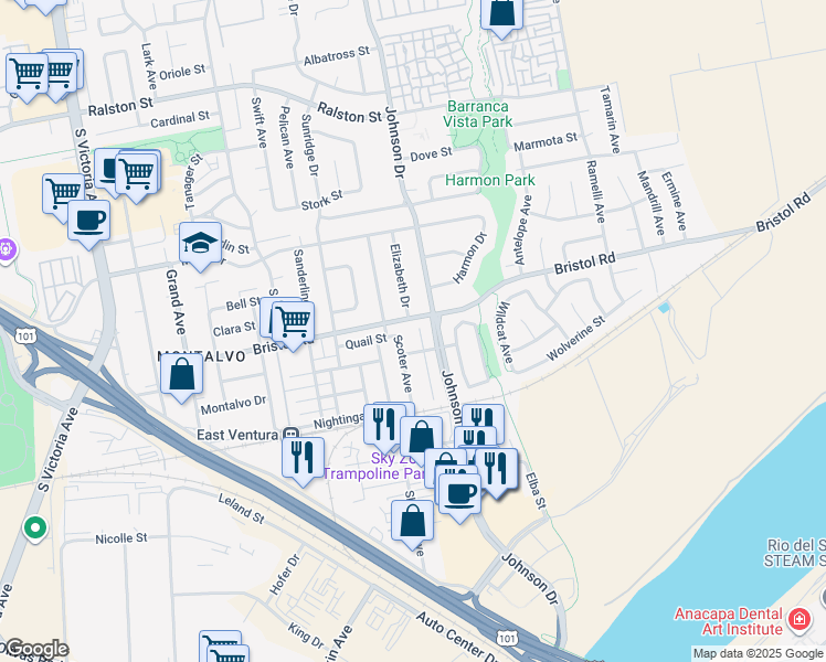 map of restaurants, bars, coffee shops, grocery stores, and more near 2337 Woodpecker Ave in Ventura