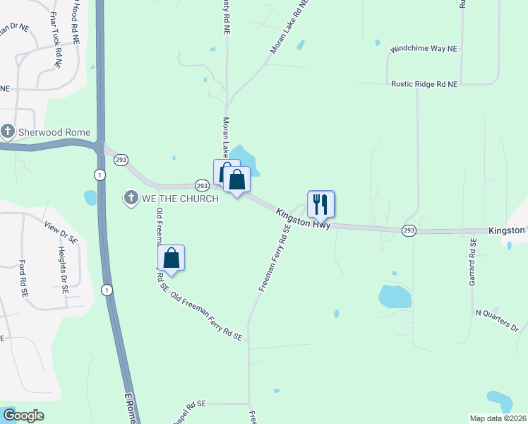 map of restaurants, bars, coffee shops, grocery stores, and more near 2070 Kingston Highway in Rome