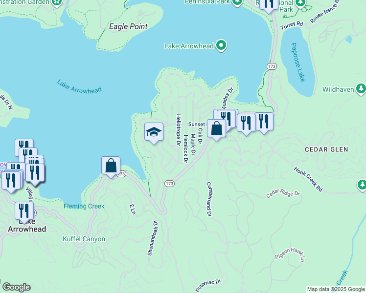 map of restaurants, bars, coffee shops, grocery stores, and more near 238 Hemlock Drive in Lake Arrowhead