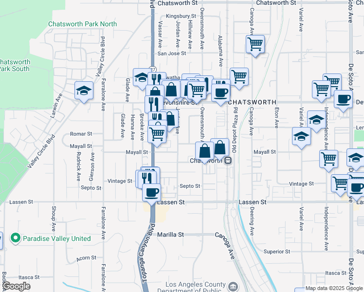 map of restaurants, bars, coffee shops, grocery stores, and more near 21790 Romar Street in Los Angeles