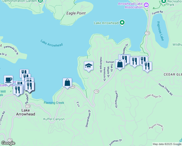 map of restaurants, bars, coffee shops, grocery stores, and more near 235 Bret Harte Road in Lake Arrowhead