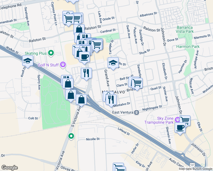 map of restaurants, bars, coffee shops, grocery stores, and more near 2207 Grand Avenue in Ventura