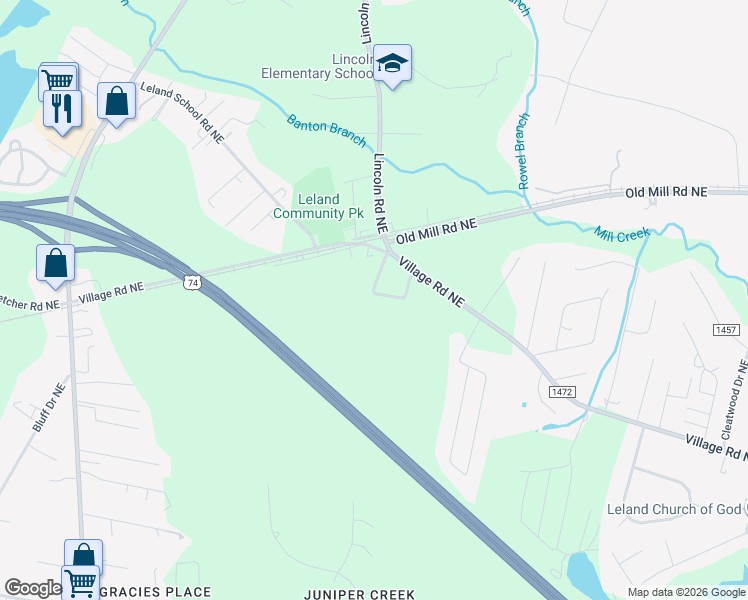 map of restaurants, bars, coffee shops, grocery stores, and more near 147 Lincoln Place Circle in Leland