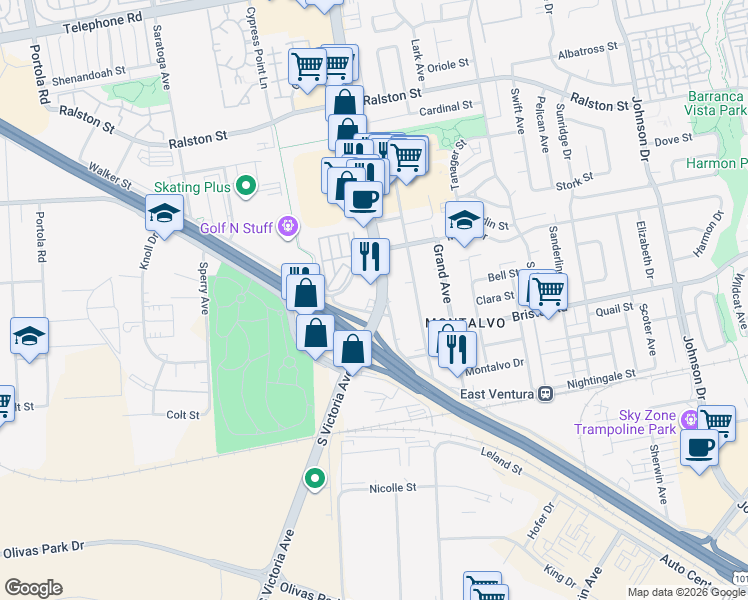 map of restaurants, bars, coffee shops, grocery stores, and more near 2199 South Victoria Avenue in Ventura