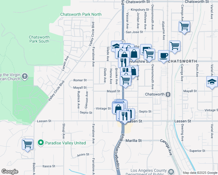 map of restaurants, bars, coffee shops, grocery stores, and more near 10111 Hanna Avenue in Los Angeles