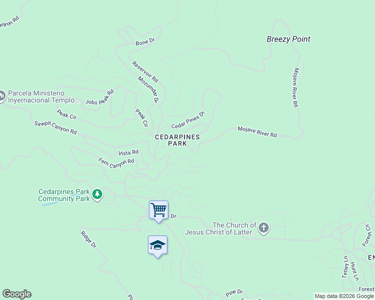 map of restaurants, bars, coffee shops, grocery stores, and more near 22025 Mojave River Road in Crestline