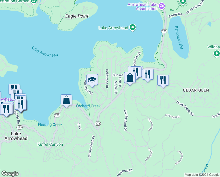 map of restaurants, bars, coffee shops, grocery stores, and more near 238 Hemlock Drive in Lake Arrowhead