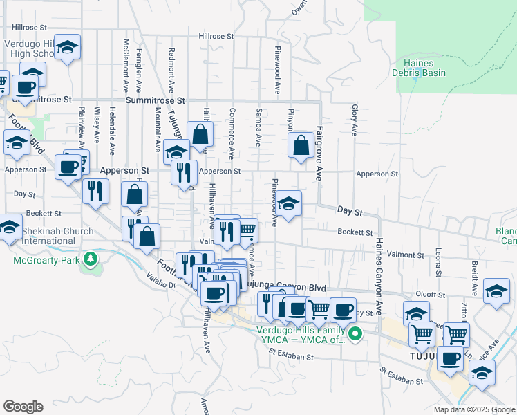 map of restaurants, bars, coffee shops, grocery stores, and more near 10164 Samoa Avenue in Los Angeles