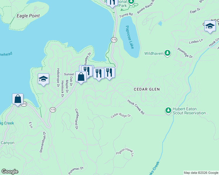 map of restaurants, bars, coffee shops, grocery stores, and more near 29083 Hook Creek Road in Lake Arrowhead