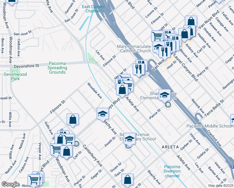 map of restaurants, bars, coffee shops, grocery stores, and more near 14055 Van Nuys Boulevard in Los Angeles