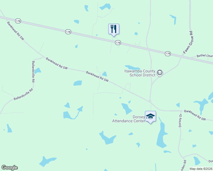 map of restaurants, bars, coffee shops, grocery stores, and more near 1058 Bankhead Road Southwest in Mantachie