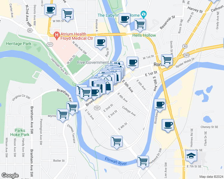 map of restaurants, bars, coffee shops, grocery stores, and more near 8 East 4th Avenue in Rome
