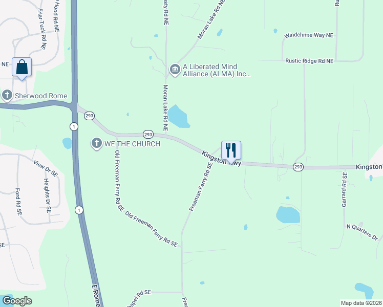 map of restaurants, bars, coffee shops, grocery stores, and more near 2070 Kingston Highway in Rome