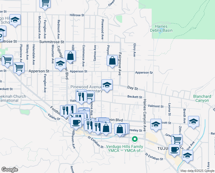 map of restaurants, bars, coffee shops, grocery stores, and more near 7053 Sunnycrest Trail in Los Angeles