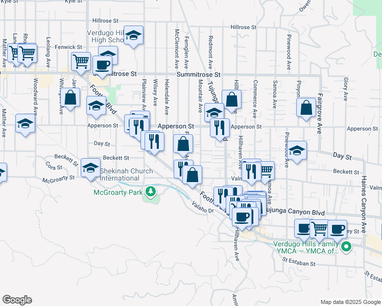 map of restaurants, bars, coffee shops, grocery stores, and more near 10160 Fernglen Avenue in Los Angeles