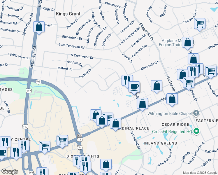 map of restaurants, bars, coffee shops, grocery stores, and more near 526 Albemarle Road in Wilmington