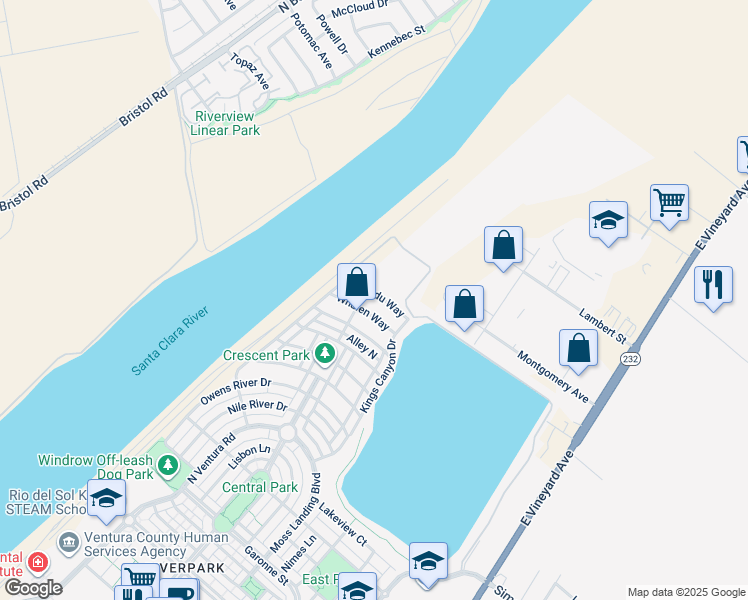 map of restaurants, bars, coffee shops, grocery stores, and more near 642 Xanadu Way in Oxnard