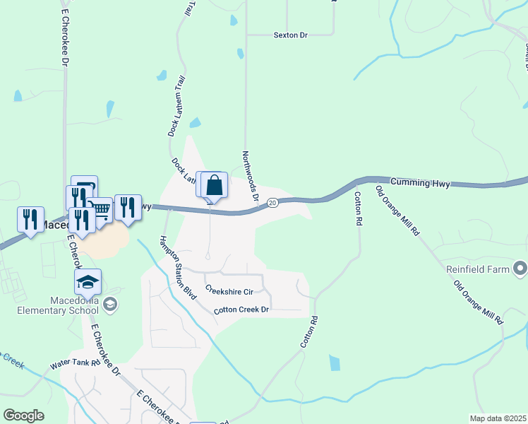 map of restaurants, bars, coffee shops, grocery stores, and more near 8664 Cumming Highway in Canton