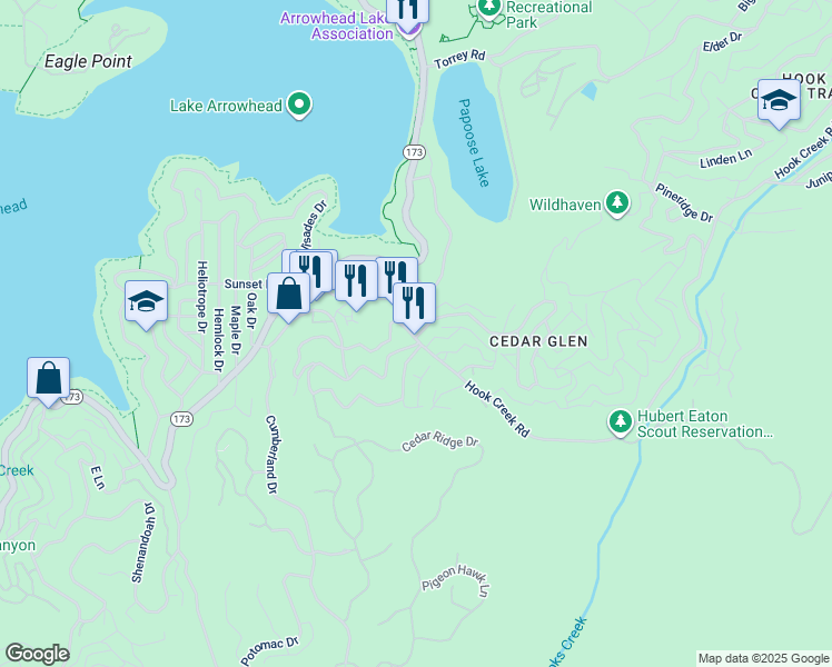 map of restaurants, bars, coffee shops, grocery stores, and more near 29115 Hook Creek Road in Lake Arrowhead