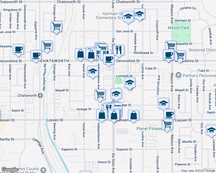 map of restaurants, bars, coffee shops, grocery stores, and more near 10125 De Soto Avenue in Los Angeles