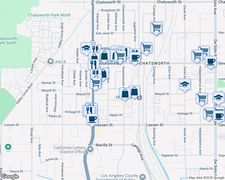 map of restaurants, bars, coffee shops, grocery stores, and more near 21790 Romar Street in Los Angeles