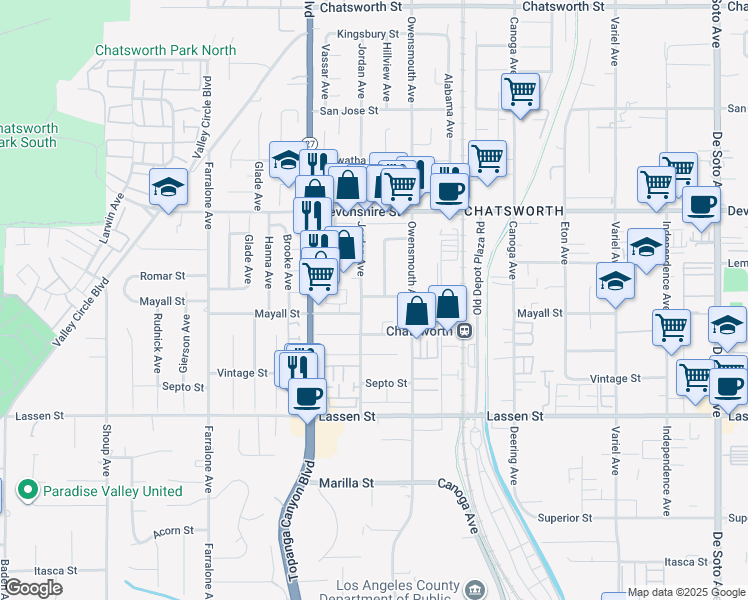 map of restaurants, bars, coffee shops, grocery stores, and more near 21790 Romar Street in Los Angeles