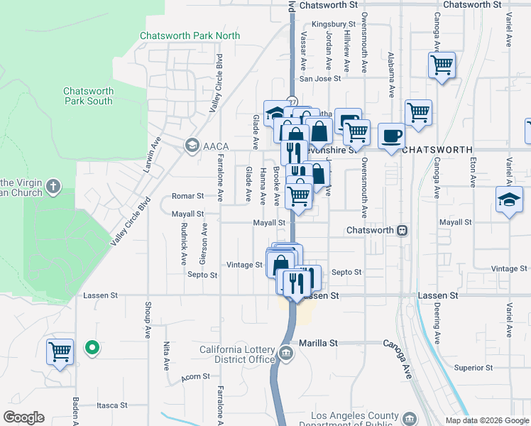 map of restaurants, bars, coffee shops, grocery stores, and more near 10111 Hanna Avenue in Los Angeles