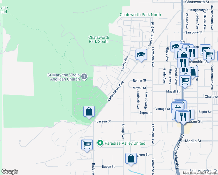 map of restaurants, bars, coffee shops, grocery stores, and more near 10060 Larwin Avenue in Los Angeles