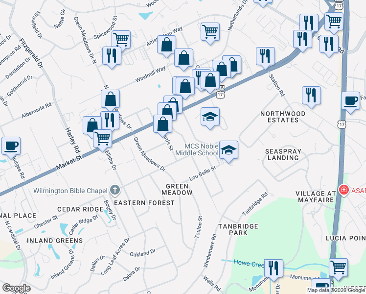 map of restaurants, bars, coffee shops, grocery stores, and more near 109 Edwards St in Wilmington