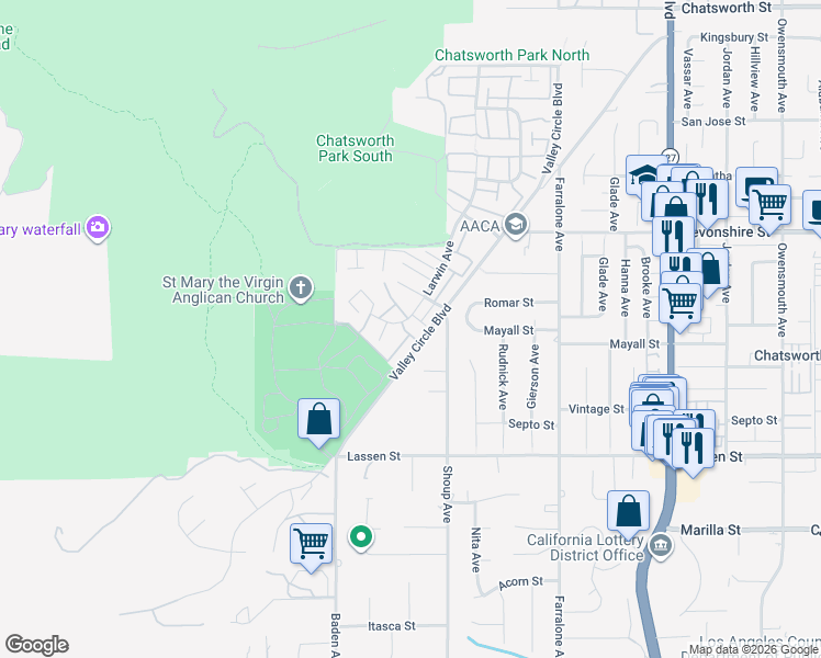 map of restaurants, bars, coffee shops, grocery stores, and more near 10120 Larwin Avenue in Los Angeles