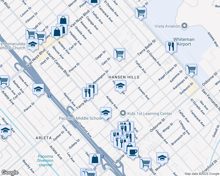 map of restaurants, bars, coffee shops, grocery stores, and more near 13291 Garber Street in Los Angeles
