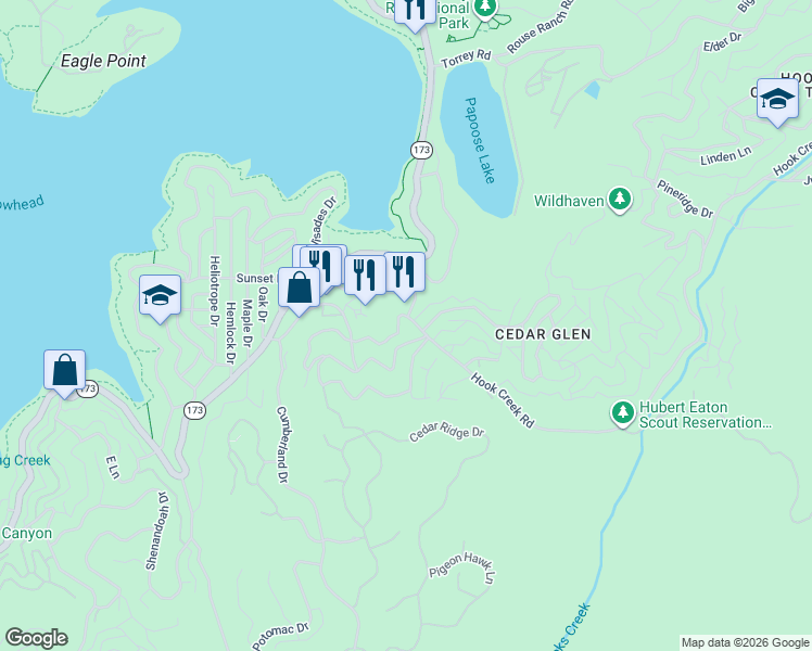 map of restaurants, bars, coffee shops, grocery stores, and more near 29083 Hook Creek Road in Lake Arrowhead