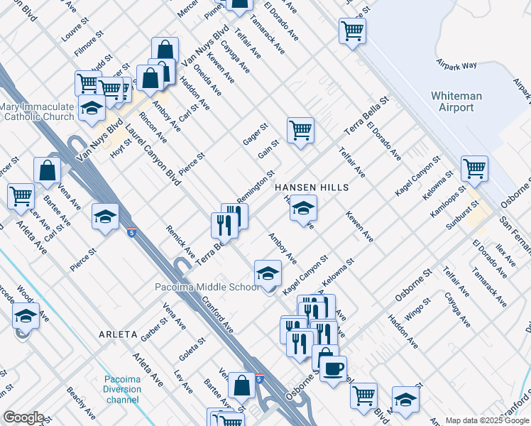 map of restaurants, bars, coffee shops, grocery stores, and more near 13344 Terra Bella Street in Los Angeles
