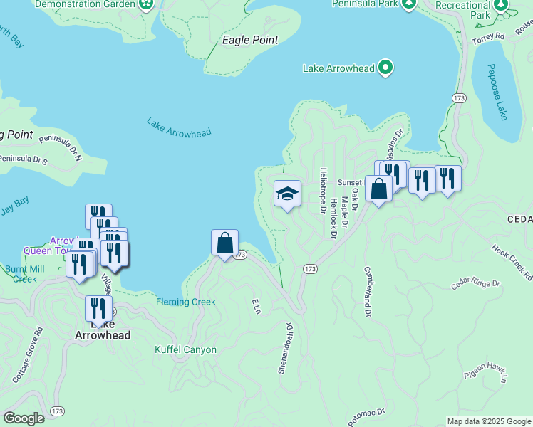 map of restaurants, bars, coffee shops, grocery stores, and more near 244 John Muir Road in Lake Arrowhead
